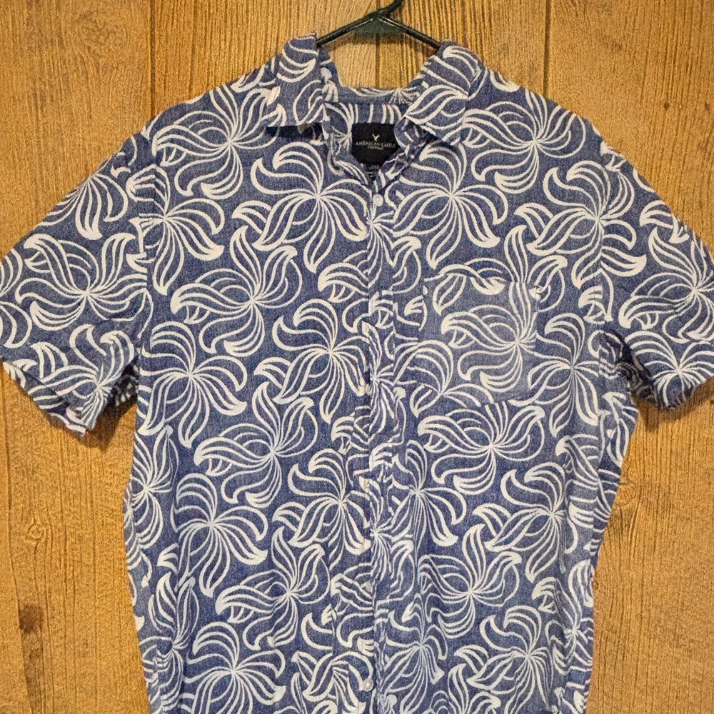 American Eagle Outfitters Blue and White Casual Button Down Shirt